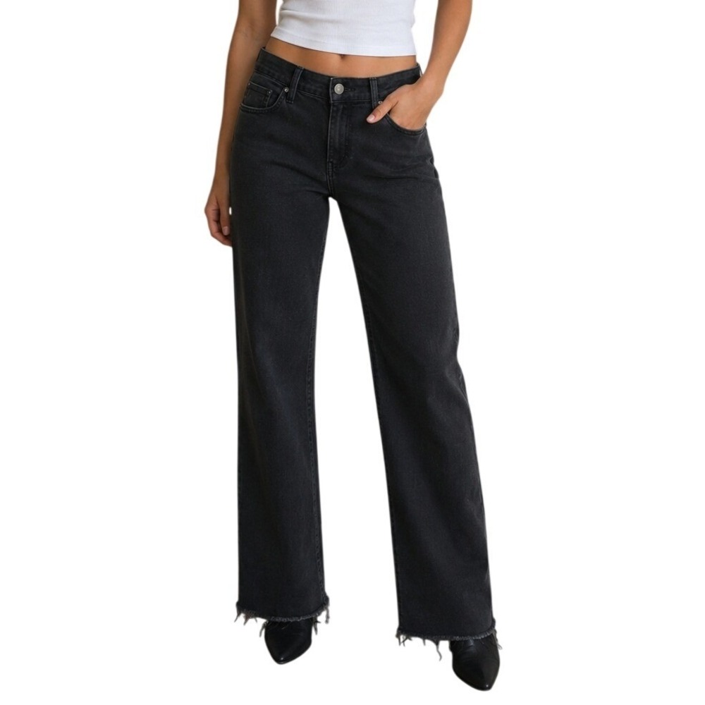 Risen Black High Rise Wide Leg With Raw Hem Denim Jeans Women's 13/31